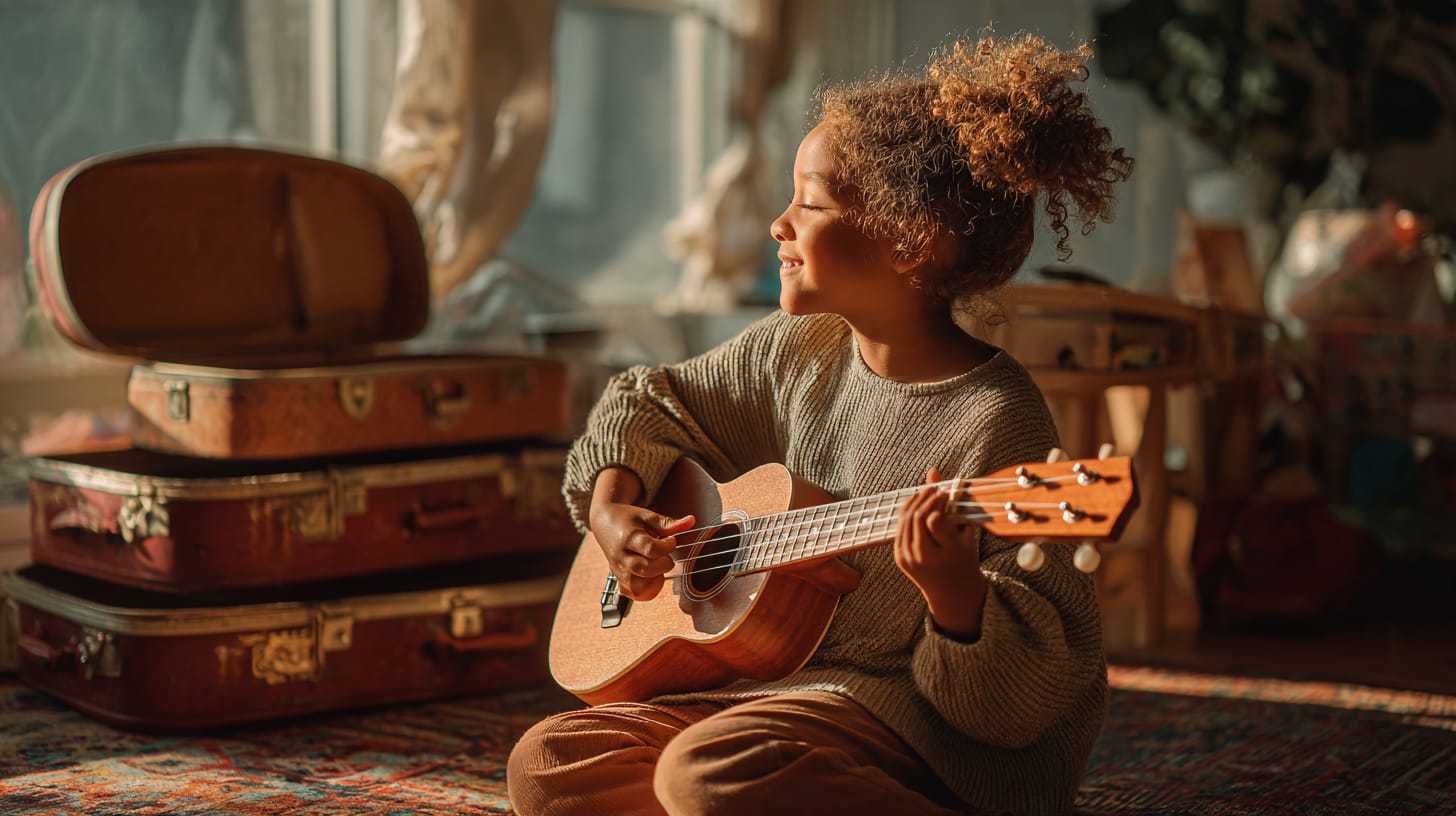 Smiling girl playing a ukulele on the floor next to vintage suitcases