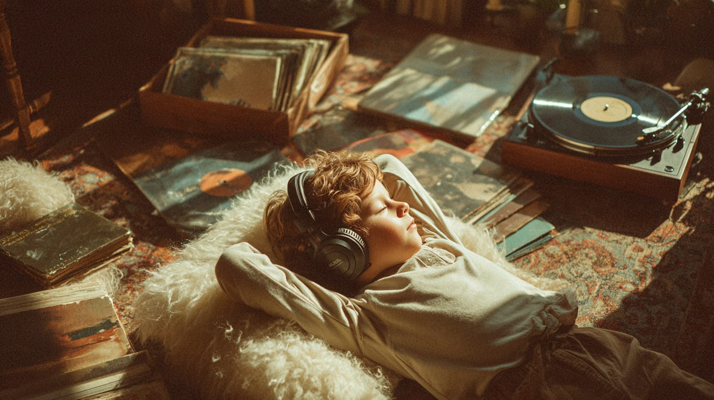 Child lying on a rug in headphones, listening to vinyl records